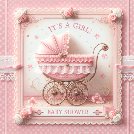 A charming baby shower invitation for a girl featuring a vintage pram, delicate roses, and lace details against a pink polka dot backdrop.の素材