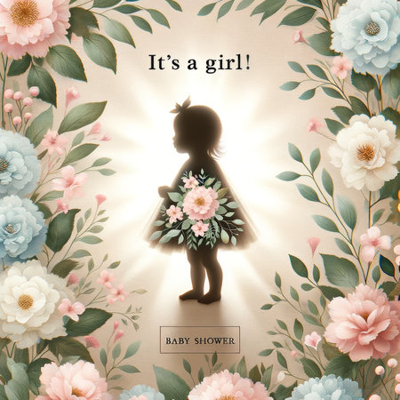 A baby girl's silhouette graces a floral baby shower invitation, exuding innocence and the bloom of new life.の素材