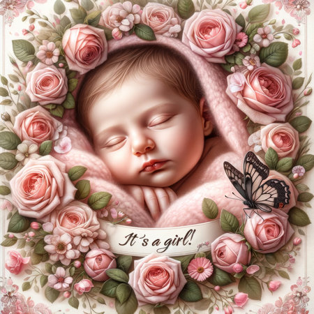 Gentle slumber of a baby girl enveloped in a pink rose bouquet, "It's a Girl" message adorned with a butterfly's touch.の素材