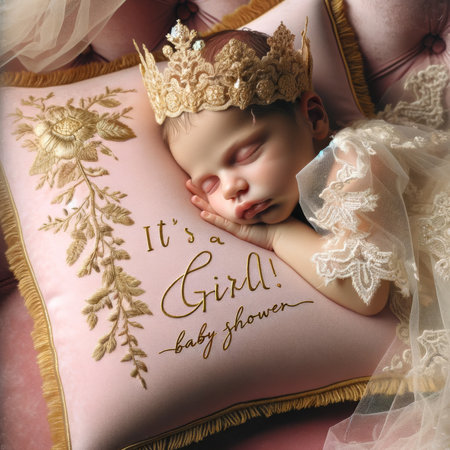 A newborn slumbers in regal finery, crowned and enveloped in delicate lace for a pink-hued baby shower announcement.の素材
