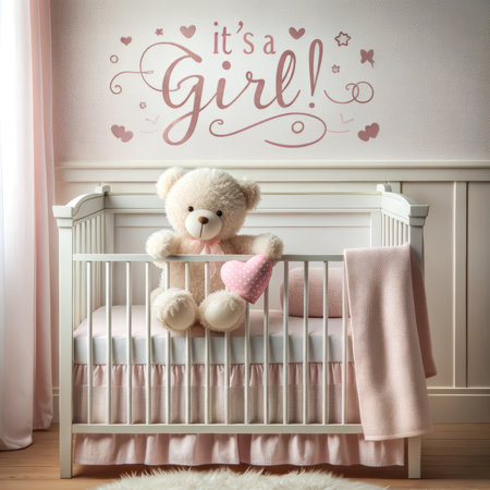 A cozy nursery scene featuring a plush teddy bear and a heart-shaped pillow in a crib, celebrating a newborn girl's arrival.の素材