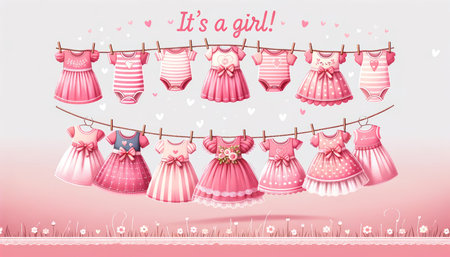A charming illustration of baby girl dresses and bodysuits hung on a line, announcing 'It's a girl!' in a whimsical style.の素材