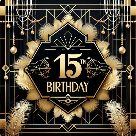 Art Deco inspired 15th birthday invitation design in black and gold, exuding elegance and a timeless celebration vibe.の素材