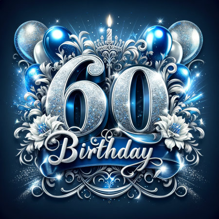Regal 60th birthday graphic with blue accents and shimmering details, ideal for a distinguished diamond jubilee event.の素材