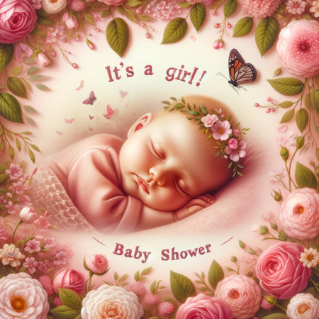 A peaceful newborn surrounded by a floral array announces "It's a girl!" in a picturesque baby shower invitation.の素材
