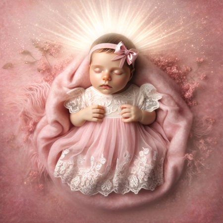 An angelic newborn sleeps peacefully, enshrined in a soft, pink glow, embodying innocence and new beginnings.の素材