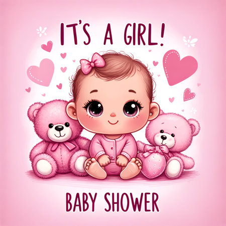 A heartwarming baby shower illustration with a smiling baby girl and plush pink teddy bears, celebrating a newborn joy.の素材