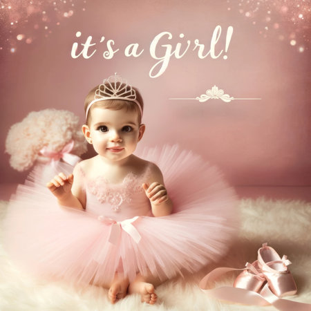A delightful baby girl in a pink tutu and tiara sparks joy in a heartwarming baby shower announcement.の素材