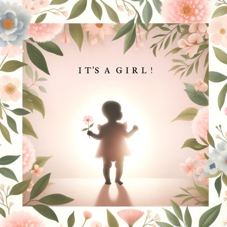 A baby girl's silhouette is playfully offset by soft florals and a warm glow, hinting at innocence and new beginnings.の素材