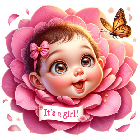 A whimsical baby girl emerges from a blooming pink flower, her smile bright as a fluttering butterfly lands nearby, celebrating new life.の素材