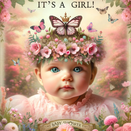 A delightful baby girl adorned with a floral crown and butterflies, heralding the joy of a new arrival.の素材