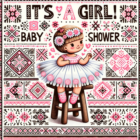 A cheerful baby on a stool announces "It's a Girl!" at a baby shower, adorned with traditional pink embroidery patterns.の素材