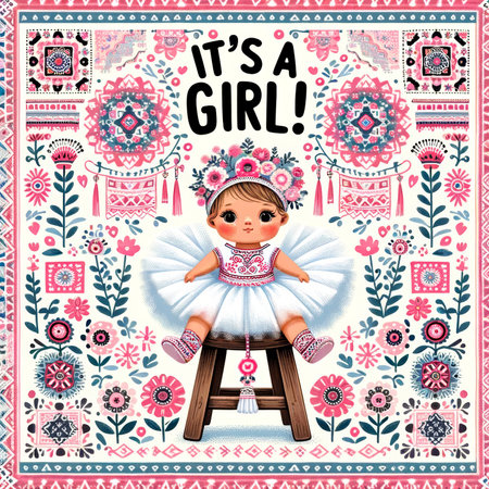 An adorable baby girl on a stool surrounded by intricate folk patterns celebrates a girl's birth in vibrant colors.の素材