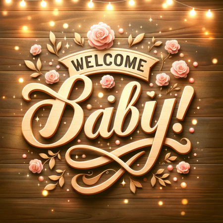 A warm, festive greeting with "Welcome Baby" in elegant script, surrounded by pink roses and sparkling lights on wood backdrop.の素材