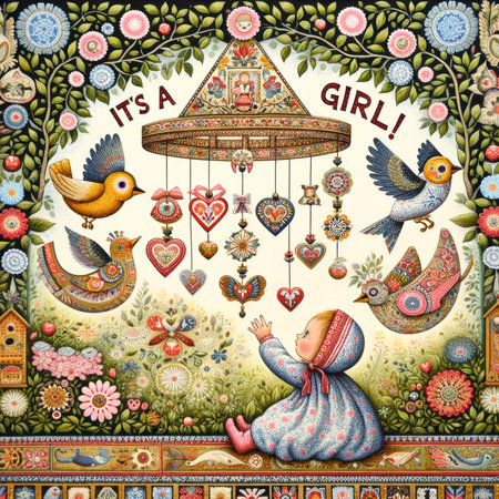 A whimsical folk art depiction of a baby girl's birth announcement with vibrant birds and floral designs.の素材