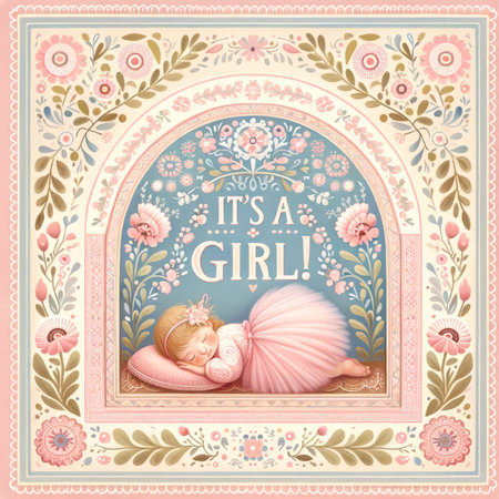 A baby girl asleep on a cushion, surrounded by a pastel floral arch with the announcement "It's a Girl!", captures the essence of new life and joy.の素材