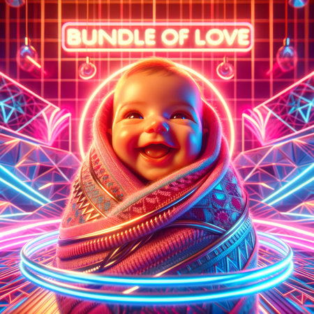 A joyful baby swaddled in tradition, beaming with delight, is framed by neon contours, depicting a modern embrace of heritage.の素材
