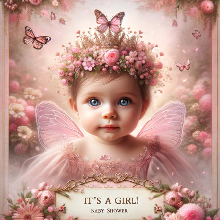 A baby girl with angel wings and a floral tiara evokes enchantment in a fairy-tale baby shower announcement.の素材