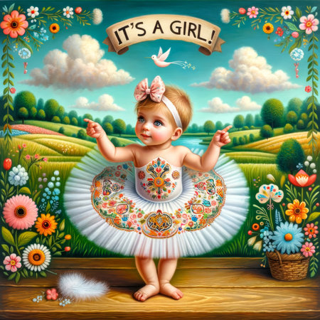In a vibrant outdoor setting, a smiling baby girl in a folk-patterned dress reaches out, with 'It's a Girl' festively announced above.の素材