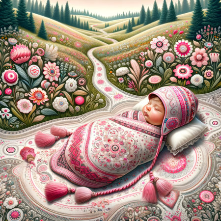 A serene baby sleeps enveloped in a nature-inspired, intricately patterned blanket amidst a floral landscape.の素材