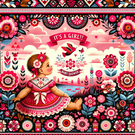 A baby shower scene with a girl amidst vibrant folklore-inspired illustrations and 'It's a Girl' banner.の素材
