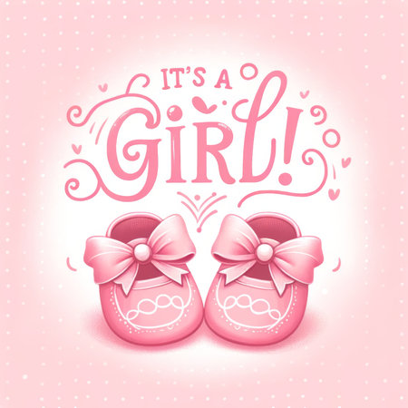 A delightful pink baby girl announcement with charming shoes and whimsical lettering, encapsulating a precious moment.の素材
