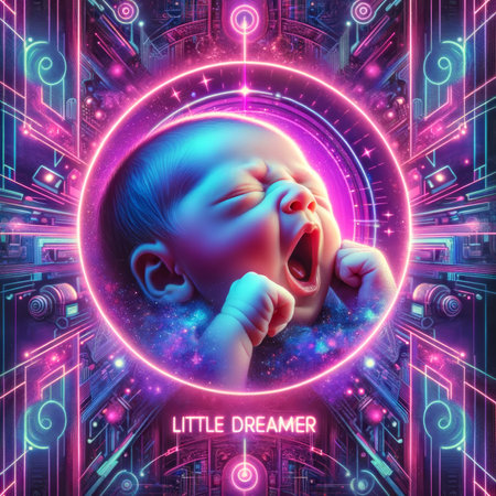 An infant enveloped in cosmic dreams, set against a vibrant neon cityscape, embodies the limitless potential of imagination.の素材