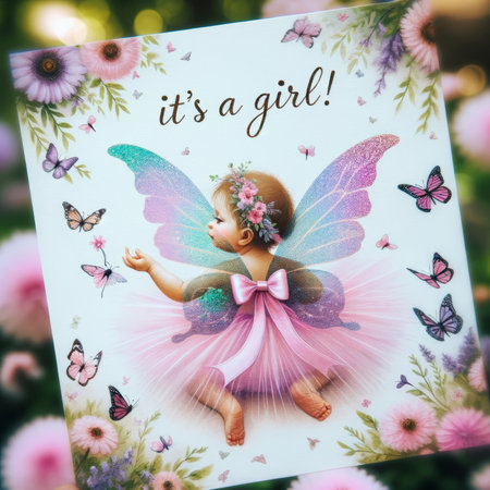 A delightful baby girl depicted as a fairy surrounded by butterflies, ideal for a whimsical birth announcement.の素材