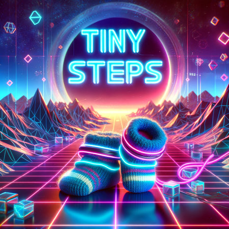 A pair of baby booties glow amidst a retro neon landscape, symbolizing the first steps towards a bright, technicolor future.の素材