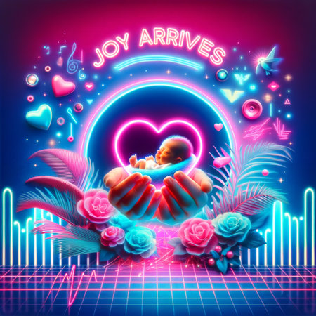 A neon heart cradles a newborn, surrounded by music and love symbols, expressing the euphoria of a baby's arrival.の素材