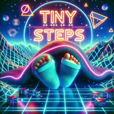 Infant toes wiggle above a glowing cybernetic grid, capturing a moment of innocence and exploration in a neon-drenched dreamscape.の素材