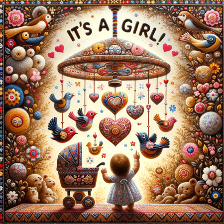 A child reaches for a heart-filled mobile in a room adorned with 'It's a Girl' and rich folklore art.の素材