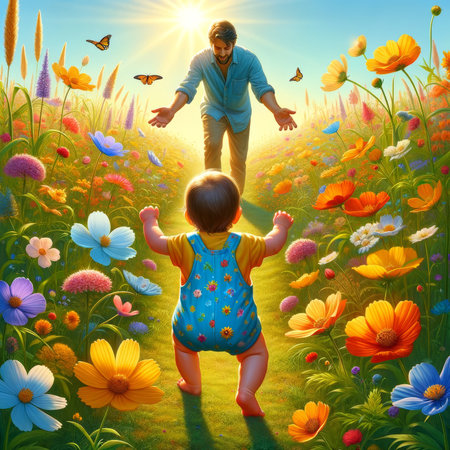 A joyful father opens his arms to toddler taking first steps among vibrant wildflowers, symbolizing growth and family love.の素材