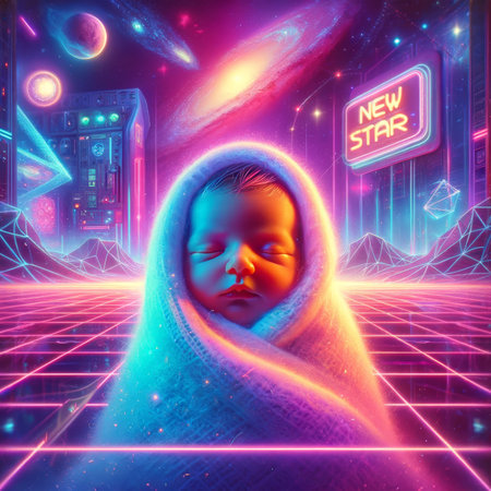 A neon cosmic nursery cradles a newborn, highlighting themes of future potential and digital genesis in an 80s retro universe.の素材