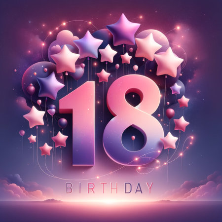 Fantasy-filled 18th birthday scene with vibrant stars and balloons against a dreamy sky, marking the transition to adulthood.の素材