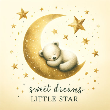 A golden crescent moon cradles a sleeping bear cub beneath a sprinkle of stars, whispering "Sweet Dreams Little Star."の素材