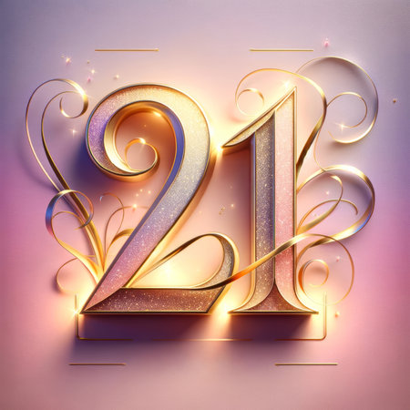 Golden and purple hues infuse this "21" with a sense of regal celebration, exuding sophistication for a milestone event.の素材