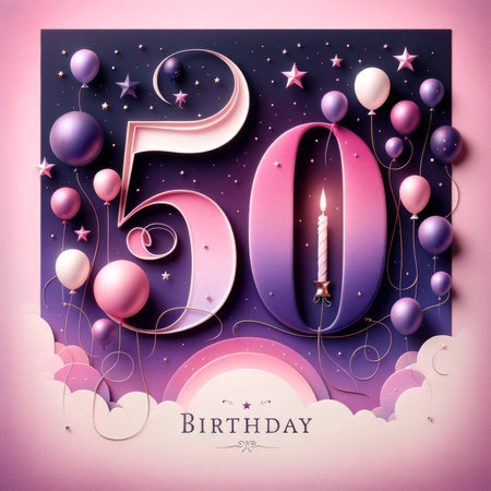 A whimsical 50th birthday theme with pastel balloons and stars, set against a pink and purple backdrop, celebrates a milestone with elegance.の素材