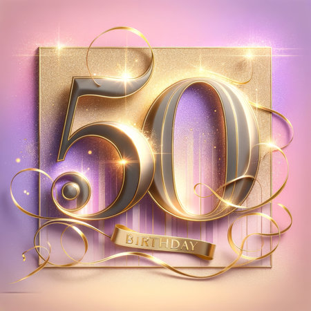 A 50th birthday celebration is brought to life with golden figures and ribbons against a purple backdrop, symbolizing a half-century milestone.の素材