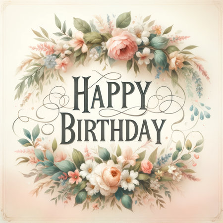 A vintage-inspired Happy Birthday greeting, encircled by a delicate array of pastel flowers and foliage.の素材