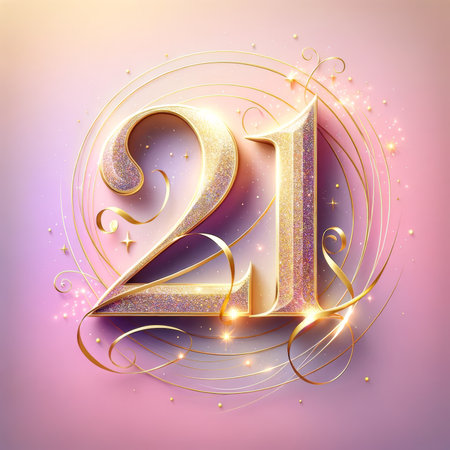 A glittering golden "21" adorned with elegant swirls shines against a soft purple backdrop, celebrating a significant coming-of-age moment.の素材