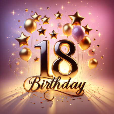 A dazzling array of golden balloons and stars creates a magical 18th birthday celebration against a radiant pink glow.の素材