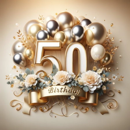 Soft pastels and gold harmonize in a 50th birthday arrangement, blending tradition and modern elegance for a timeless celebration.の素材