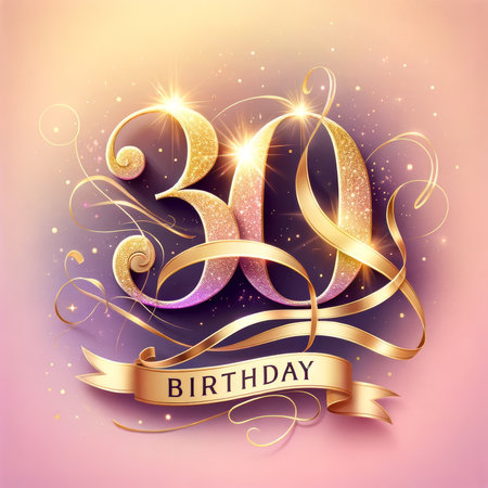 Elegant script and golden ribbon mark a sophisticated 30th birthday, celebrating three decades of life's journey.の素材