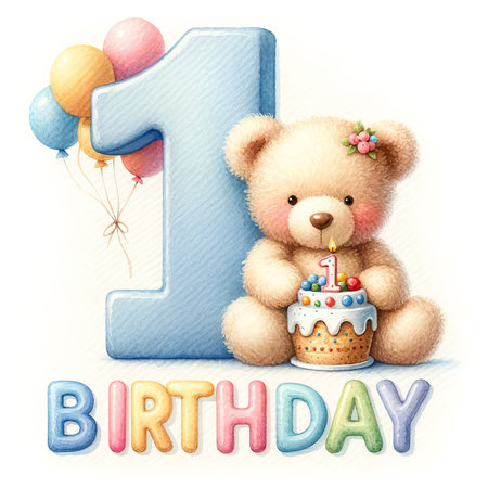 Adorable teddy celebrates a first birthday with colorful balloons and a festive cake, capturing the joy of a milestone.の素材