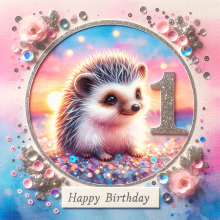 A fluffy hedgehog observes its 1st birthday through a sparkle-filled frame, embodying cuteness and celebration.の素材