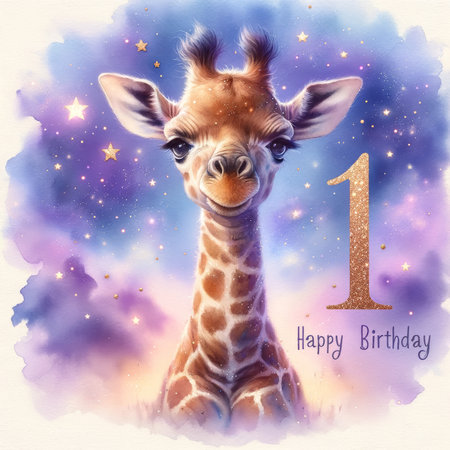 Starry first birthday card featuring a giraffe calf amidst a dreamy cosmic backdrop, evoking wonder and celebration.の素材