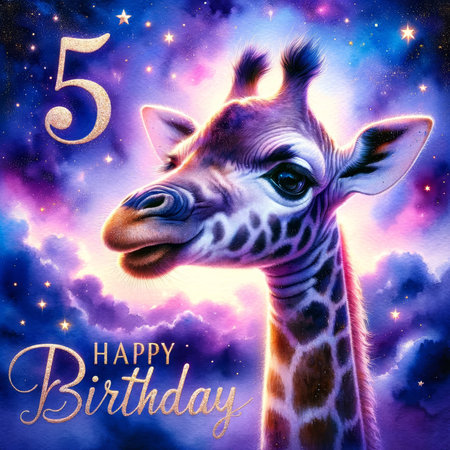 A playful giraffe celebrates a fifth birthday against a backdrop of starry night, capturing the wonder of growing up.の素材