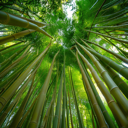 Upward view of towering bamboo in a lush forest, sunlight filtering through.の素材