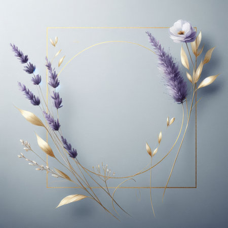 Delicate illustration of lavender and other flowers in soft colors, framed in gold.の素材